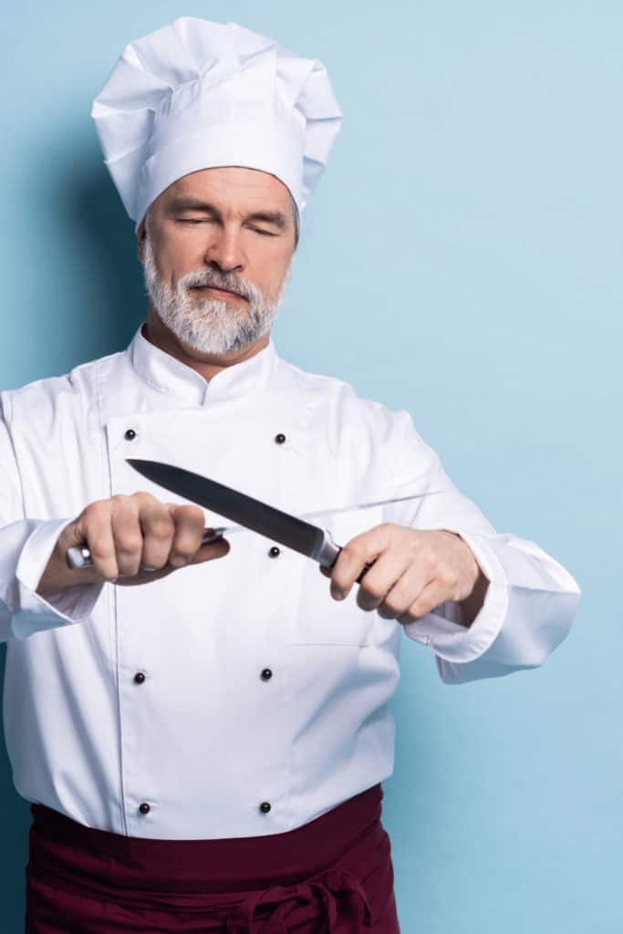 A chef knife is 8-14 inches long and made from stainless steel