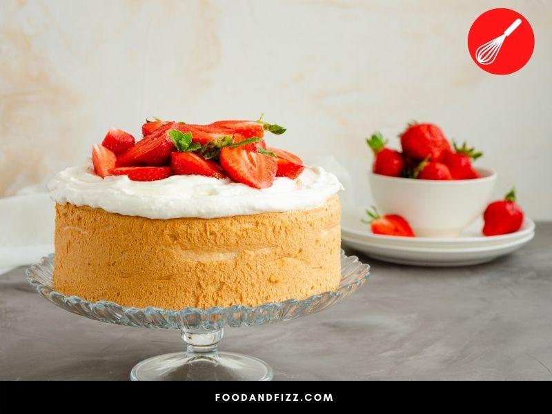 Angel food cake is a delicate cake made from whipped egg whites. It needs to be inverted right after baking to maintain its structure.