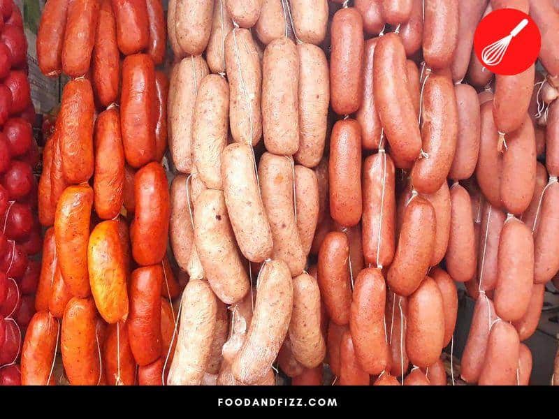 Sausage is usually made with pork but can be made with beef, chicken, duck, turkey, lamb or veal or a combination of those meats.