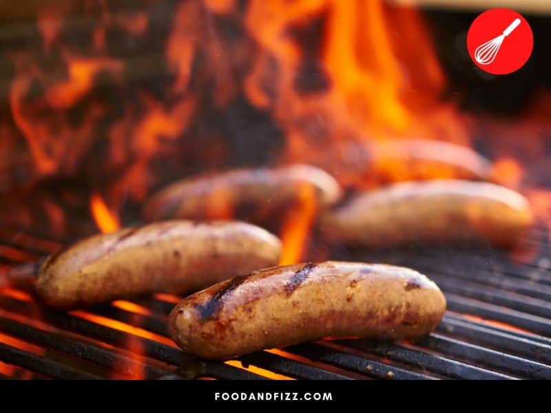 American style bratwurst are typically grilled and charred over intense heat.